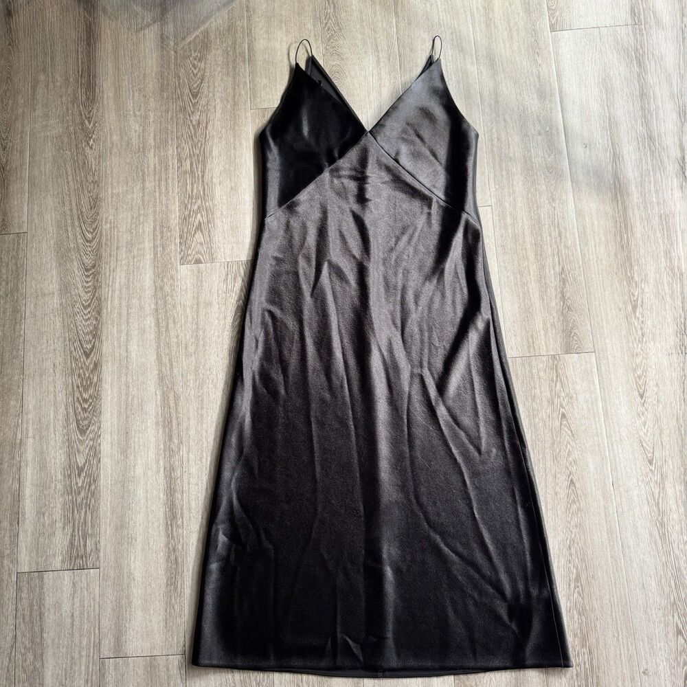 VINCE Black Satin V-Neck Midi Slip Dress Sz M Quiet Luxury Minimalist MSRP $295 - Picture 16 of 16